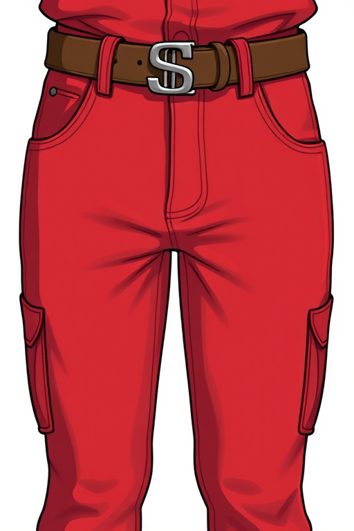 Create a high-resolution digital illustration of a pair of red pants with gray pockets and a brown belt featuring a dollar sign buckle, capture from a front view, using a 50mm lens at f/8, ISO 100, and natural lighting for enhanced detail and clarity.