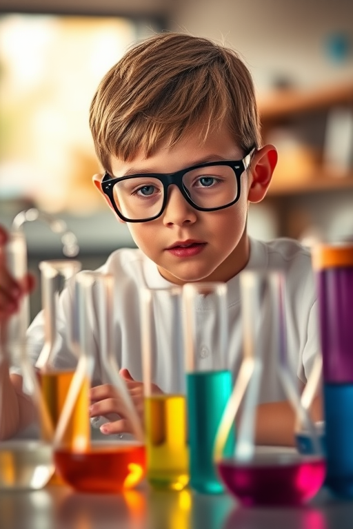 A young boy in glasses focused on conducting an experiment at a laboratory table filled with colorful beakers and scientific equipment, warm natural light, 50mm lens, aperture f/2.8, ISO 100, soft focus background, high dynamic range, realistic style.