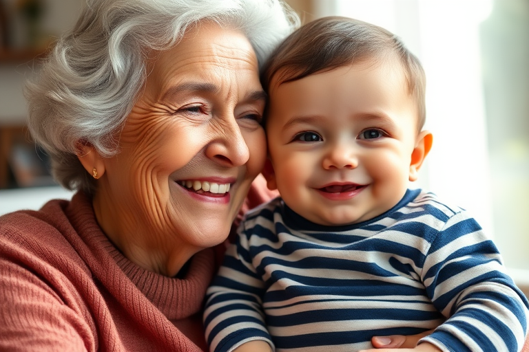 Create a high-resolution illustration of a grandmother smiling with her baby grandson, using a soft focus lens, 85mm f/1.4 aperture, in natural light, shot from eye level with a portrait orientation.