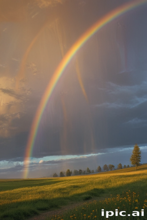 Vibrant Rainbow Arching Over a Serene Field Under Dramatic Skies