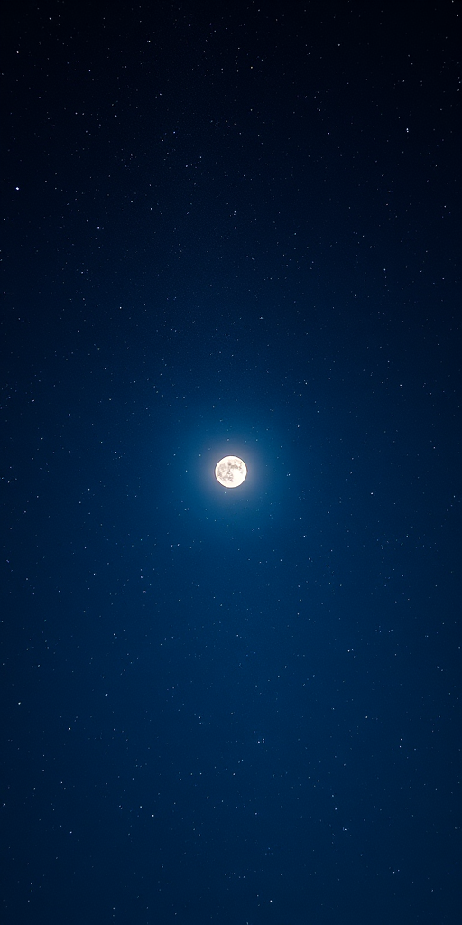 Create a high-resolution image of a serene night sky filled with stars and a bright full moon, captured with a Canon EOS R5, 24mm f/1.4 lens, ISO 800, shutter speed 20s, aperture f/2.8, wide-angle view for deep perspective and clarity.