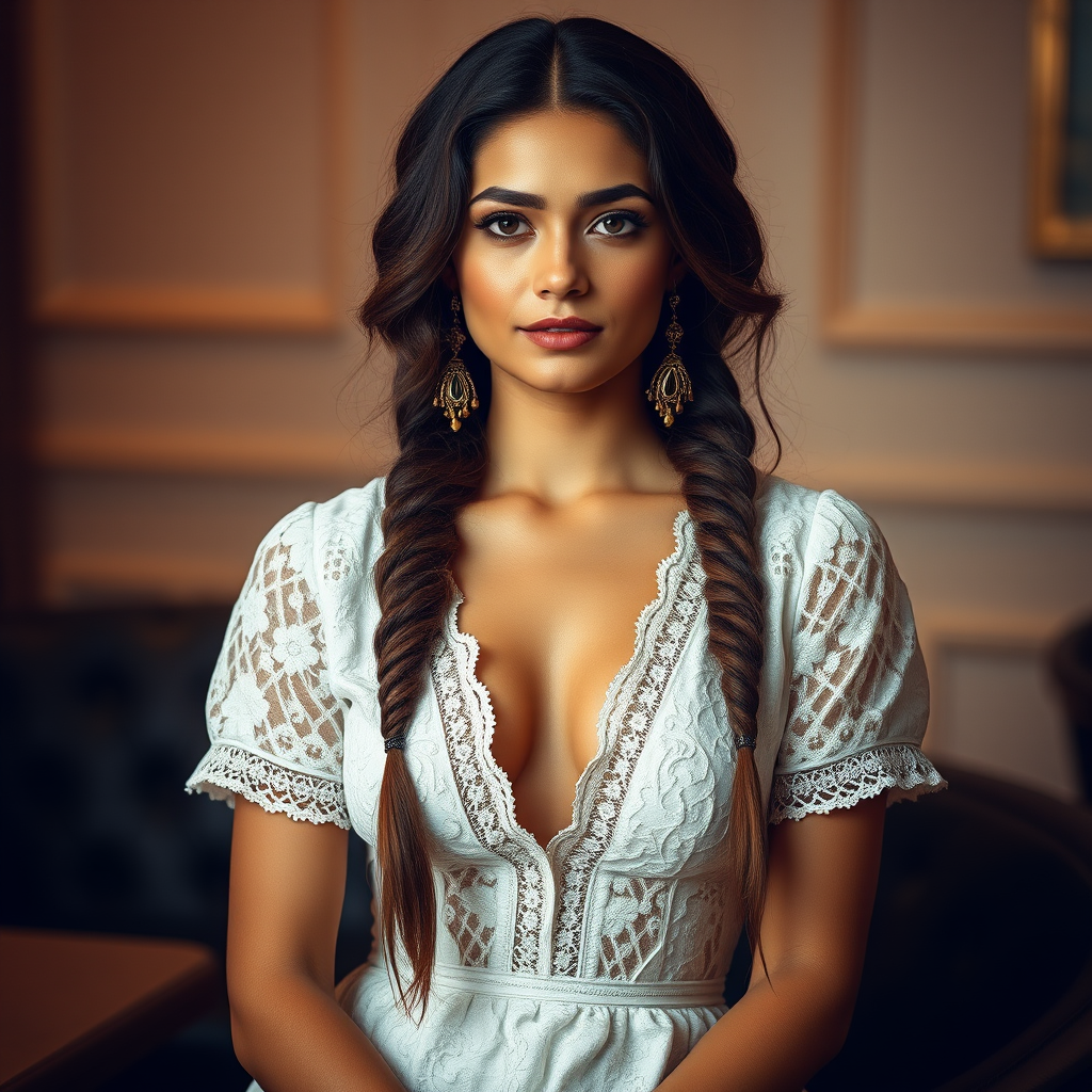 Create a portrait of a refined and elegant Tajik woman seated in a sophisticated setting. She has long, wavy hair styled in two thick braids that are pulled over her shoulders. She wears a white, lace gown with intricate patterns, featuring a deep V-neckline and short sleeves. The dress exudes a vintage charm with its delicate lacework. She is adorned with ornate, dangling earrings that add a touch of glamour to her appearance. The background is softly lit, with warm, ambient lighting that creates a cozy and inviting atmosphere. Her expression is poised and serene, capturing a sense of grace and elegance.