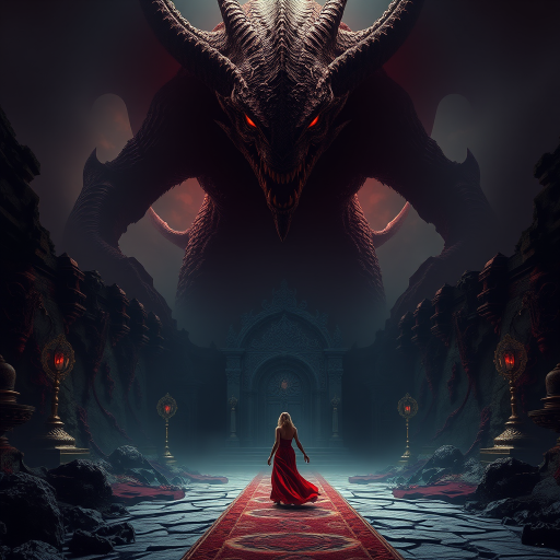 Create a highly detailed fantasy scene featuring a massive, menacing creature looming over a dark, mystical landscape with a figure in a flowing red gown walking towards a grand, ornate entrance, shot with a Canon EOS R5 at f/1.8, ISO 200, 35mm lens, in low light with dramatic shadows and rich colors for added depth and intrigue.