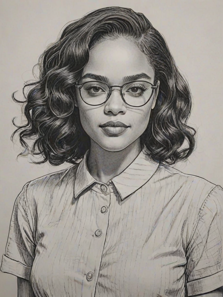 Graceful Tessa Thompson, pencil sketch, portrait of Fascinating woman 1942s in glasses, hair style beatnik, outline, clear lines, fine lines, 8k