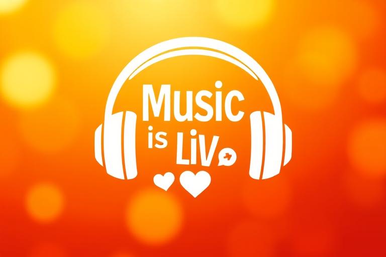 design a vibrant graphic of a white headphone icon with the text music is life and a heart symbol, use a warm golden background, camera settings: f/5.6, ISO 100, shutter speed 1/200, camera view: centered, camera style: high contrast, camera type: digital SLR