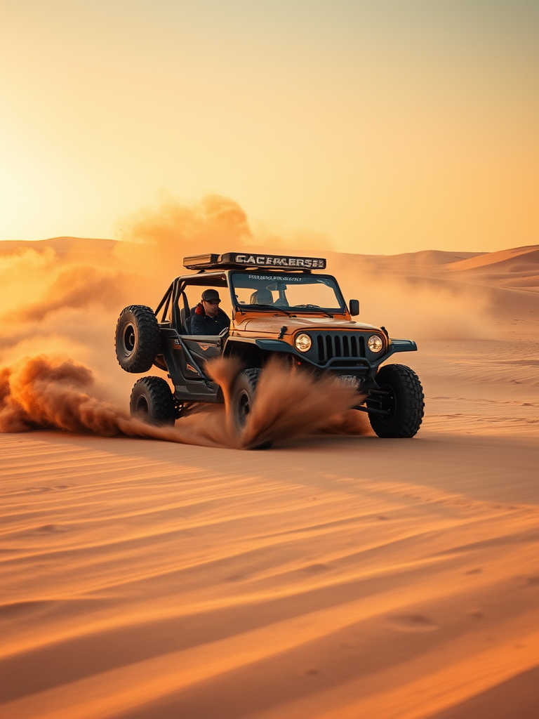 Off-road vehicle driving through sandy desert landscape, dynamic motion with dust clouds, golden hour lighting, Canon EOS R5, 24-70mm f/2.8 lens, aperture f/8, shutter speed 1/500s, ISO 200, wide-angle view for dramatic effect.