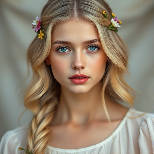 Create an image of a young Armenian woman with long, wavy blonde hair, adorned with small, colorful flowers woven into her braids and loose strands. Her complexion is fair, with soft, glowing skin, and she has light blue eyes that gaze softly at the viewer. She wears a light, flowing dress with a gentle, ethereal quality, complementing her delicate and serene appearance. The background is slightly blurred, drawing focus to her tranquil expression and the intricate details of the flowers in her hair. The overall mood of the image is one of natural beauty and grace, evoking a sense of peacefulness and connection with nature.
