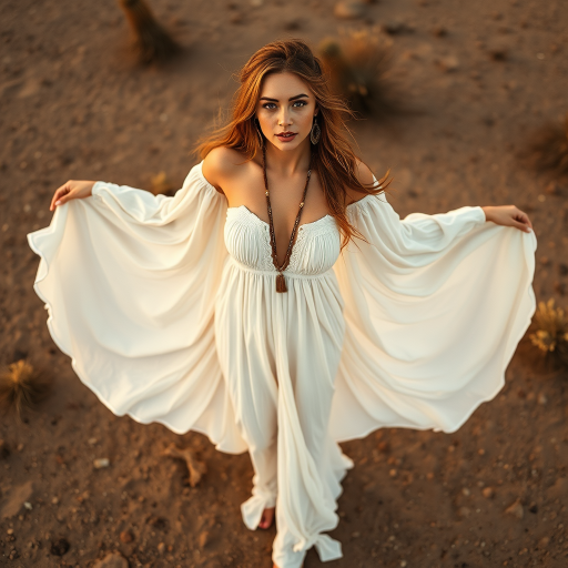 Desert setting, bohemian model, flowy dresses, earthy tones, rustic sunset effect,  equipped with a 12mm lens to capture an overhead view of the model, emphasizing symmetry and spatial positioning