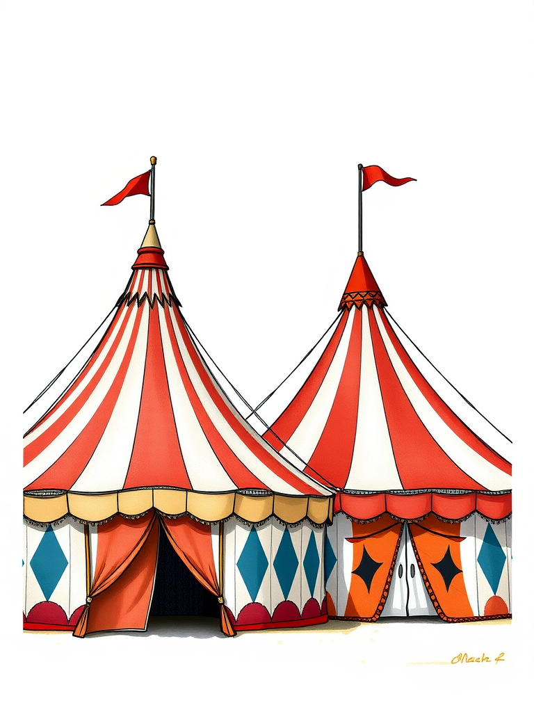 Create a detailed illustration of two circus tents side by side, one with a pointed roof and flags and the other with a rounded roof and scalloped edges, captured with a DSLR camera at f/8 aperture, ISO 100, and a 50mm lens for sharp details and vibrant colors, in a bright and sunny outdoor setting to enhance image quality.