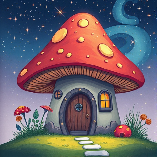 generate illustration of a mushroom house with a door and a window, a storybook , fantasy art, mushroom house, bg starry sky, sparkles