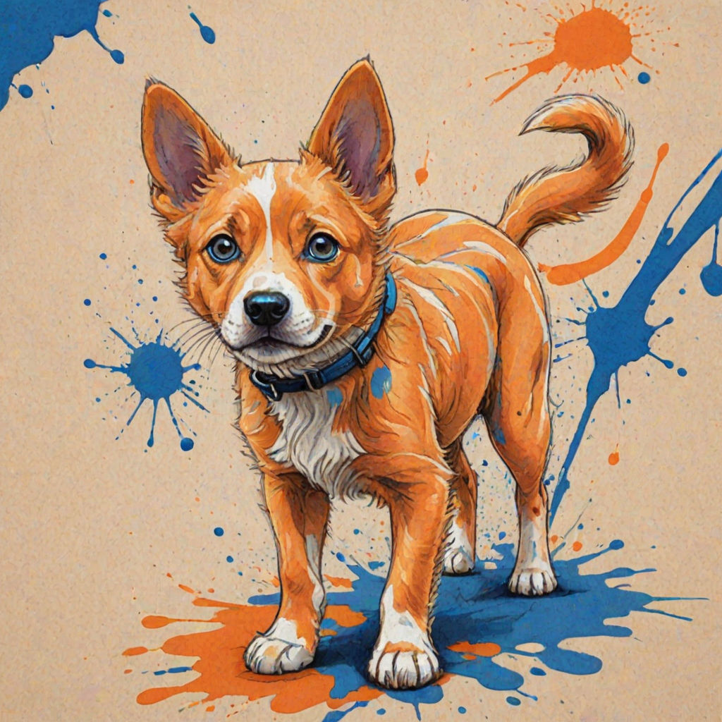 A vibrant childs coloured pencil drawn illustration of a bright orange dog with large, expressive blue eyes, a very cute style. The dog appears to be walking towards the viewer, surrounded by an abstract splash of colors and fine black lines, giving the image a dynamic and artistic flair. The background is a soft beige, highlighting the cat's vivid coloration and playful demeanor. Naively drawn scratchy line style.