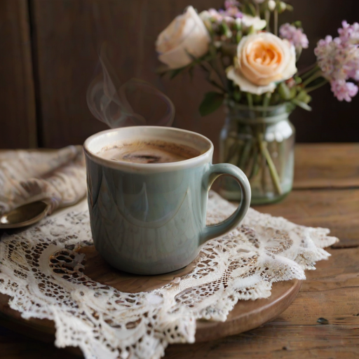 Close-up of a beautiful handmade ceramic mug filled with steaming coffee, set on a rustic wooden table, with a delicate lace tablecloth and a small vase of fresh flowers nearby.