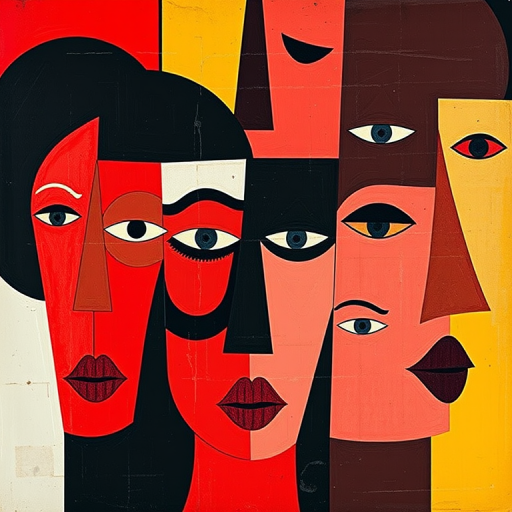 Regenerate an abstract art piece featuring a collage of bold faces with simple geometric shapes and expressive features, use vibrant colors like red, black, and yellow, camera settings: ISO 100, aperture f/8, shutter speed 1/125, camera view: eye level, camera style: digital painting emulation, camera type: mirrorless.