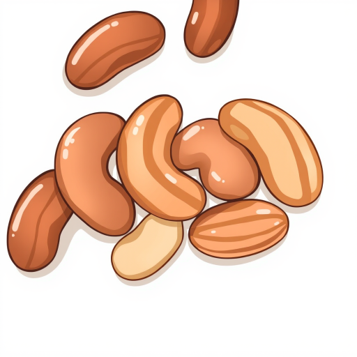 Create an illustrated image of shiny, striped brown and beige bean shapes against a plain background using a high-resolution digital camera with a 50mm lens at f/1.8, ISO 100, and a soft focus to enhance details.