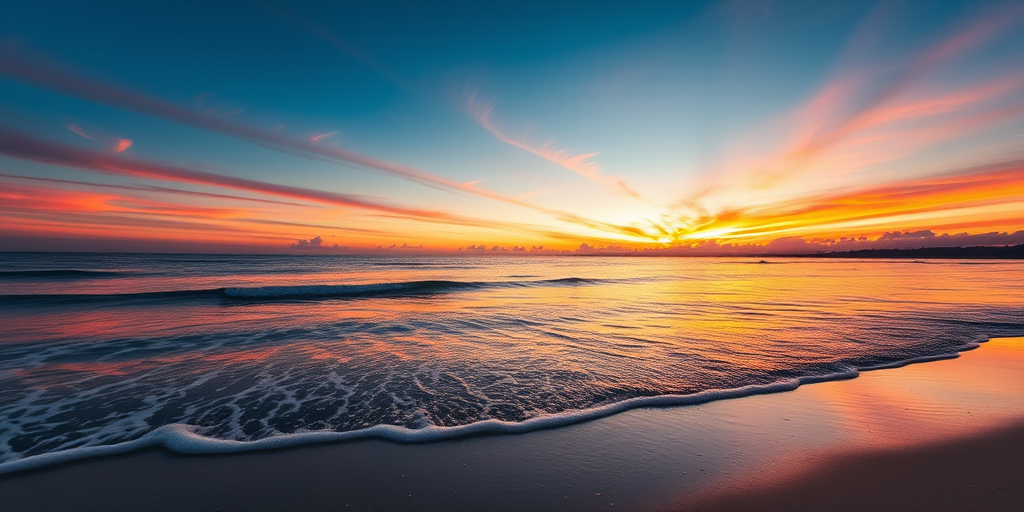 Generate an image of a romantic sunset over a tranquil beach with gentle waves lapping at the shore, using a Canon EOS 5D Mark IV, 24mm lens, aperture f/8, ISO 100, shot at golden hour, with a wide-angle perspective to capture the expansive sky and vibrant colors.