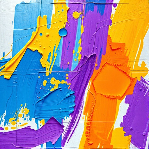 Create an abstract painting made of bold, textured brush strokes in vibrant colors of blue, yellow, purple, and orange, captured with a DSLR camera at ISO 100, f/8 aperture, 50mm lens, natural lighting, and a slight overhead angle for depth.