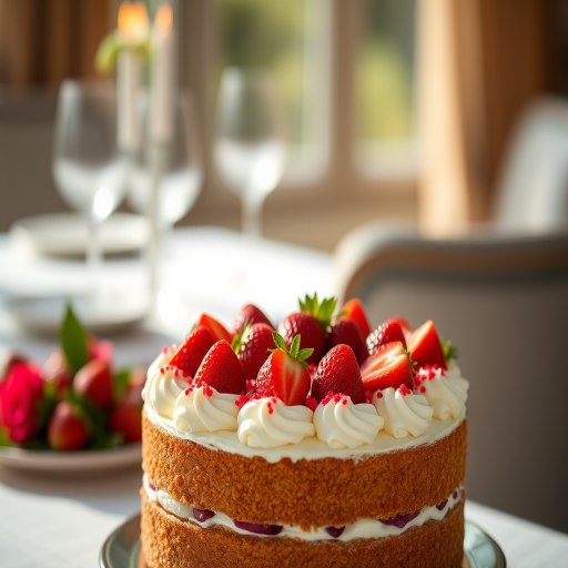 A beautifully decorated cake topped with fresh strawberries and red sprinkles, shot in soft natural light, with a shallow depth of field at f/2.8, 50mm lens, ISO 100, Canon EOS R5, focus on the cake with a blurred elegant table setting in the background.