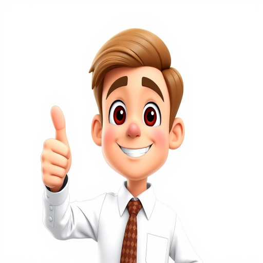 Create a cartoon character of a man with a thumbs-up gesture, wearing a white shirt and brown tie, with light brown hair, standing against a transparent background, shot in high resolution using a DSLR camera at f/8 aperture, 50mm lens, with soft lighting and a slight vignette effect.