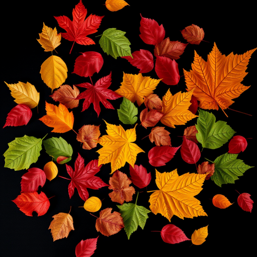Create an image of various leaves in vibrant colors like red, orange, yellow, and green scattered against a black background, using a Canon EOS R5 camera, aperture f/5.6, shutter speed 1/125s, ISO 100, from a top-down view with a macro lens to enhance detail and clarity.