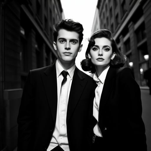 Black-and-white photograph, couple, tailored suits, retro hairstyles, film noir style, Tilt the camera for a dynamic Dutch angle using a versatile 24-70mm lens