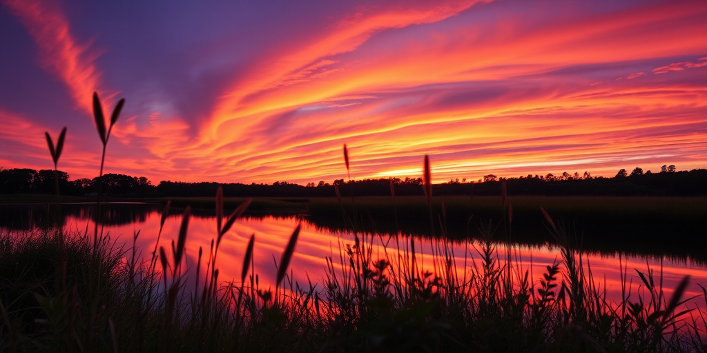 Generate an image of a serene landscape at sunset with vibrant orange and purple skies reflecting on a calm lake, using a Canon EOS R5, 35mm f/1.4 lens, aperture f/8, ISO 100, shot from a low angle to capture foreground plants and a wide view to emphasize the horizon.