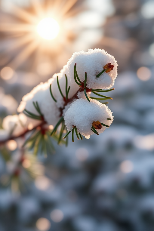 snow-covered pine branch in winter sunlight with blurred snowy background, macro lens, aperture f/2.8, shutter speed 1/200s, ISO 100, DSLR camera, natural lighting