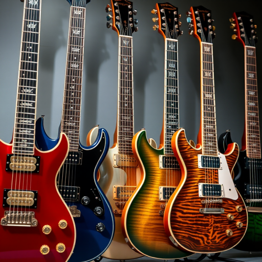 generate an image of six electric guitars in various colors including red, silver, blue, gold, green, and black, each uniquely designed with sleek lines and vibrant patterns, captured in high resolution with a Canon EOS 5D Mark IV, 50mm lens, f/1.8 aperture, ISO 100, with soft lighting for a polished look and a shallow depth of field to focus on the guitars while softly blurring the background