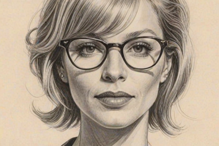 Sublime Meredith Monroe, pencil sketch, portrait of Magnificent woman 1979s in glasses, hair style beatnik, outline, clear lines, fine lines, 8k