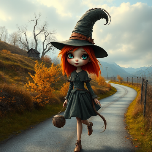 digital art fantasy depicting a strange girl with orange hair, long eyelashes, brown lipstick and a tall hat walking along a winding road on an autumn afternoon, an Oyster smiles as she passes