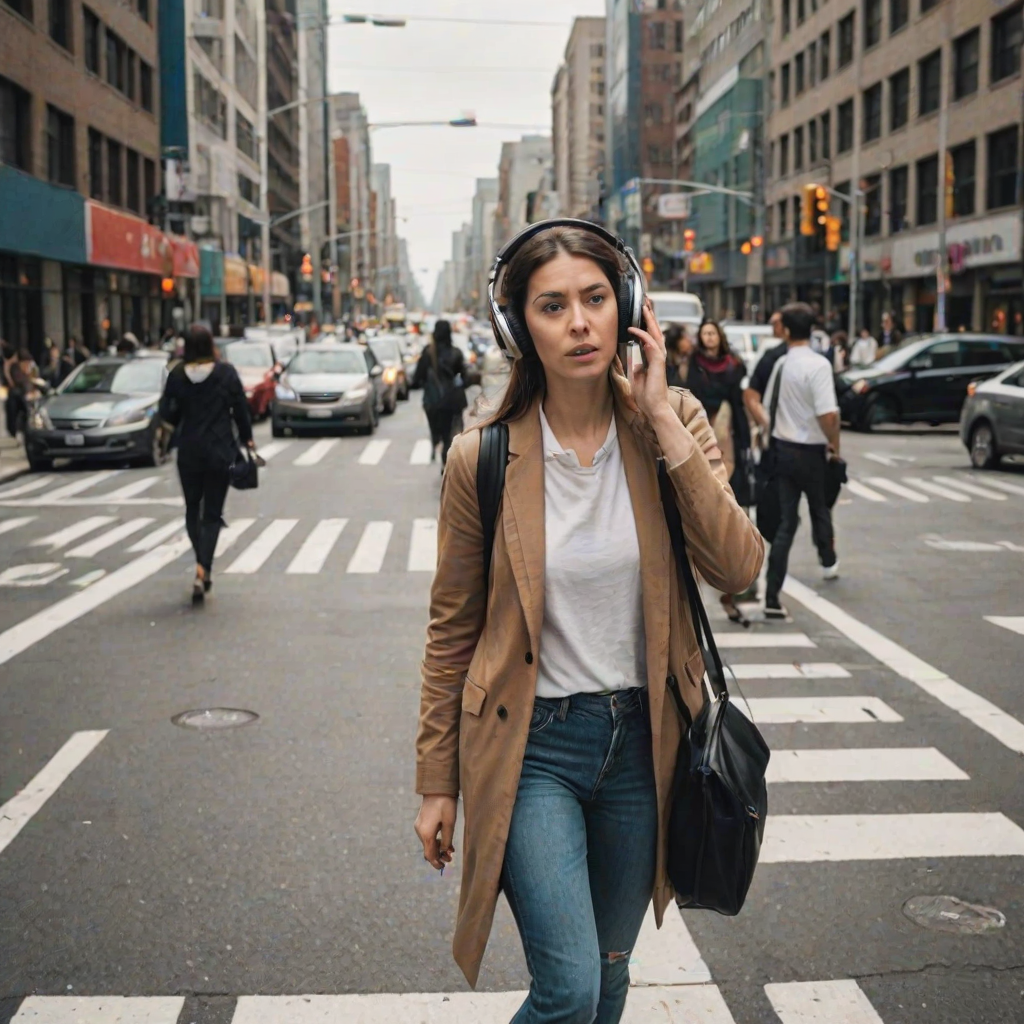 Busy city street at rush hour, cars honking and people hurrying by, a woman stands at a crosswalk, headphones in, lost in her own world amidst the chaos.