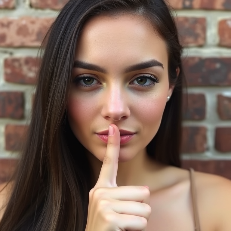 Capture a close-up portrait of a woman with long dark hair and a soft expression, holding a finger to her lips in a shushing gesture, against a textured brick wall background, using a 50mm lens, aperture f/1.8 for shallow depth of field, ISO 100, and natural lighting to enhance image quality.