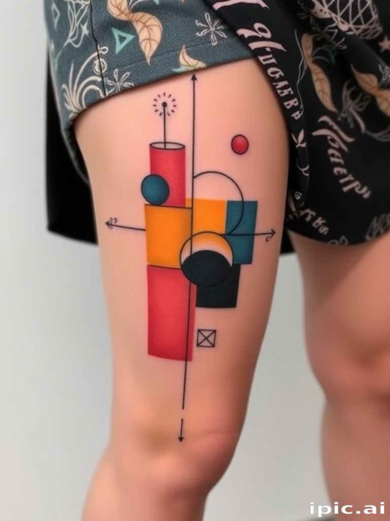 Avant-garde abstract tattoo on the thigh, combining geometric shapes, organic forms, and bold color blocks to create a thought-provoking and visually striking piece of body art