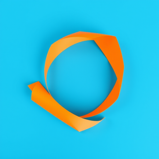 Create a vibrant orange paper curl against a solid blue background, captured with a DSLR camera, 50mm lens, f/2.8 aperture, 1/200 sec shutter speed, and ISO 100 for enhanced clarity and color depth.