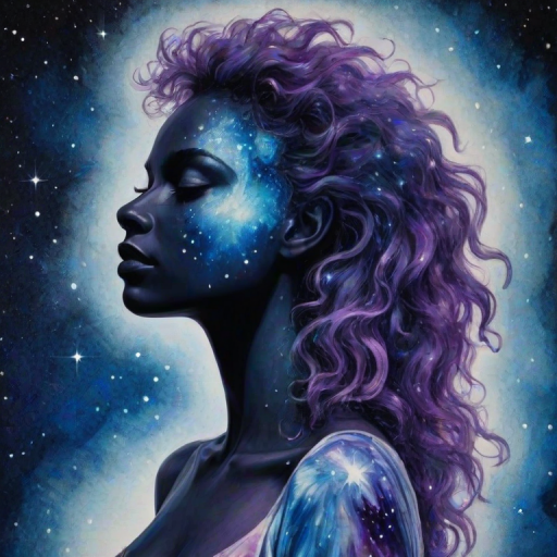 Captivating conceptual render alcohol ink art, double exposure, the paint strokes artfully merge combining a woman's full silhouette with a Adorable alpaca's silhouette. The figures are composed of a series of colored dots, lines & spots that evoke the image of a cosmic galaxy, colors are deep shades of blue purple & black with flashes of white & silver representing distant stars. The woman's silhouette is formed within the lion's silhouette from constellations of scattered stars, surreal