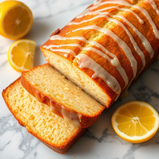 A freshly baked lemon loaf cake with a glossy icing drizzle on top, sliced to show its moist texture, accompanied by fresh lemon wedges on a marble surface.
