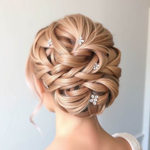 Ethereal rose gold fairy floss updo with intricate braided crown and delicate wisps, adorned with shimmering crystal hair pins for enchanting sparkle