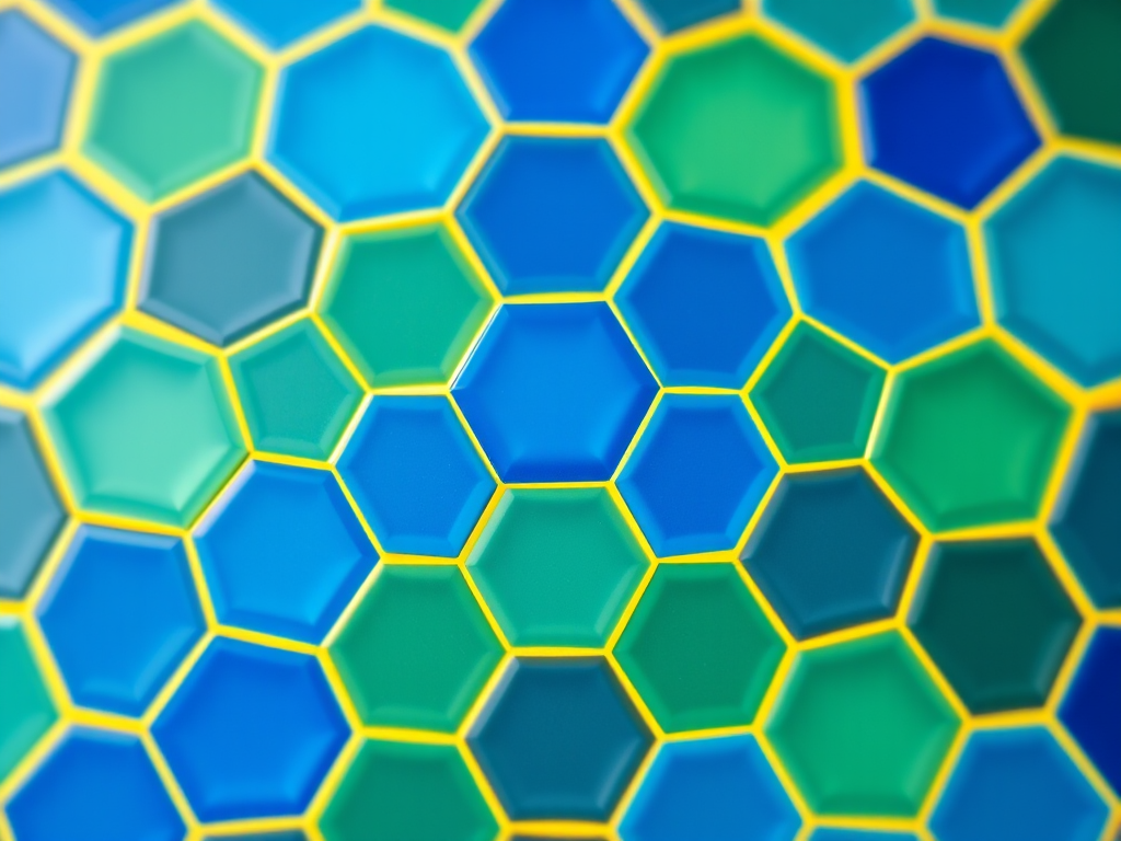 Generate a high-resolution image of a colorful hexagonal pattern with blue and yellow hexagons, focused view, using a DSLR camera with a 50mm lens, aperture set to f/2.8, ISO 100, and 1/200 second shutter speed for enhanced clarity and depth.