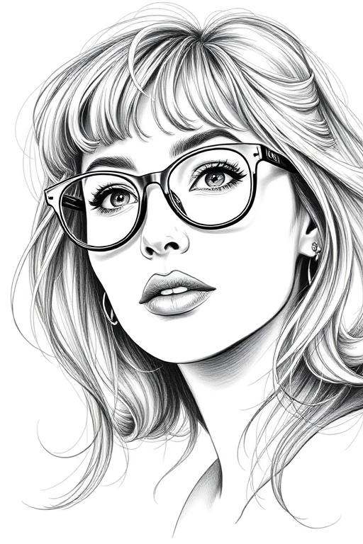 Beautiful Toni Collette, pencil sketch, portrait of beautiful woman 60s in glasses, hair style beatnik, outline, clear lines, fine lines, 8k