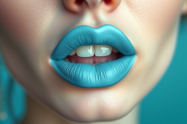Pastel blue lips with a matte finish, evoking a dreamy and whimsical mood, ideal for a surrealist art-inspired photoshoot or makeup tutorial