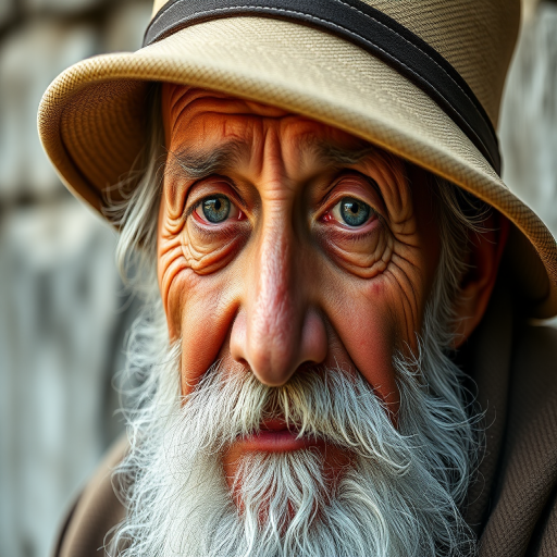 Create a close-up portrait of an elderly man with a long white beard and a hat, capturing intricate facial details and expressions, using a Canon EOS R5 camera, 85mm f/1.2 lens, aperture set to f/1.2 for shallow depth of field, natural light for soft illumination, and taken at eye level to enhance connection.