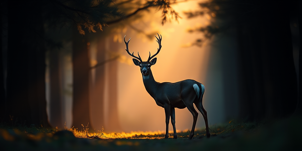 capture a majestic deer standing gracefully in a dimly lit forest, surrounded by tall trees and a soft golden glow, with a shallow depth of field, using a DSLR camera with a 50mm lens at f/1.8, ISO 200, shutter speed 1/200, in natural lighting to enhance the warm tones and details in the background