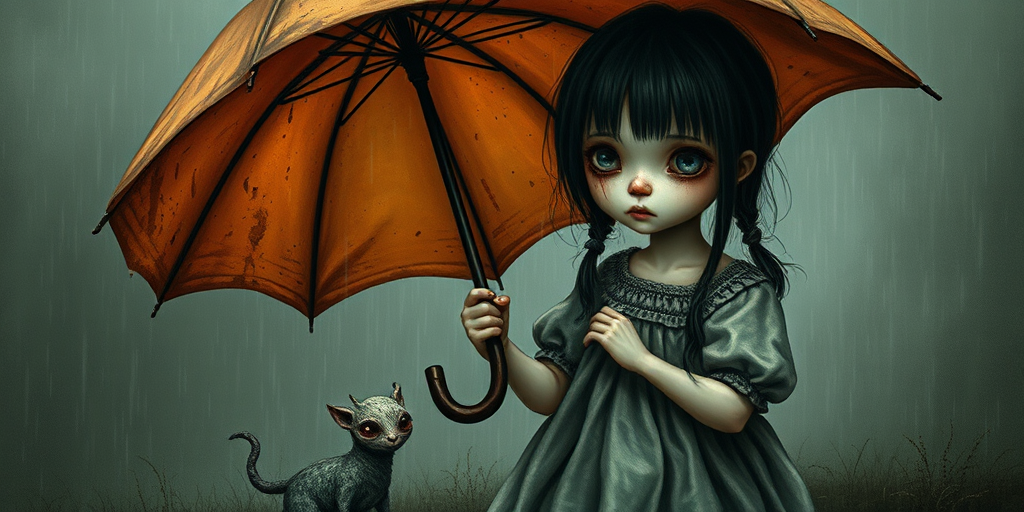 An eerie, weird little girl with dark hair in thin pigtails, wearing a smock dress, standing in the rain, holding a dirty orange umbrella, a small, odd creature beside her. In a surreal style inspired by Nicoletta Ceccoli and Brian Froud. Dark fantasy themes