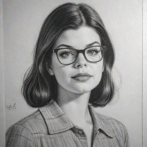 Resplendent Casey Wilson, pencil sketch, portrait of Pleasing woman 1965s in glasses, hair style beatnik, outline, clear lines, fine lines, 8k