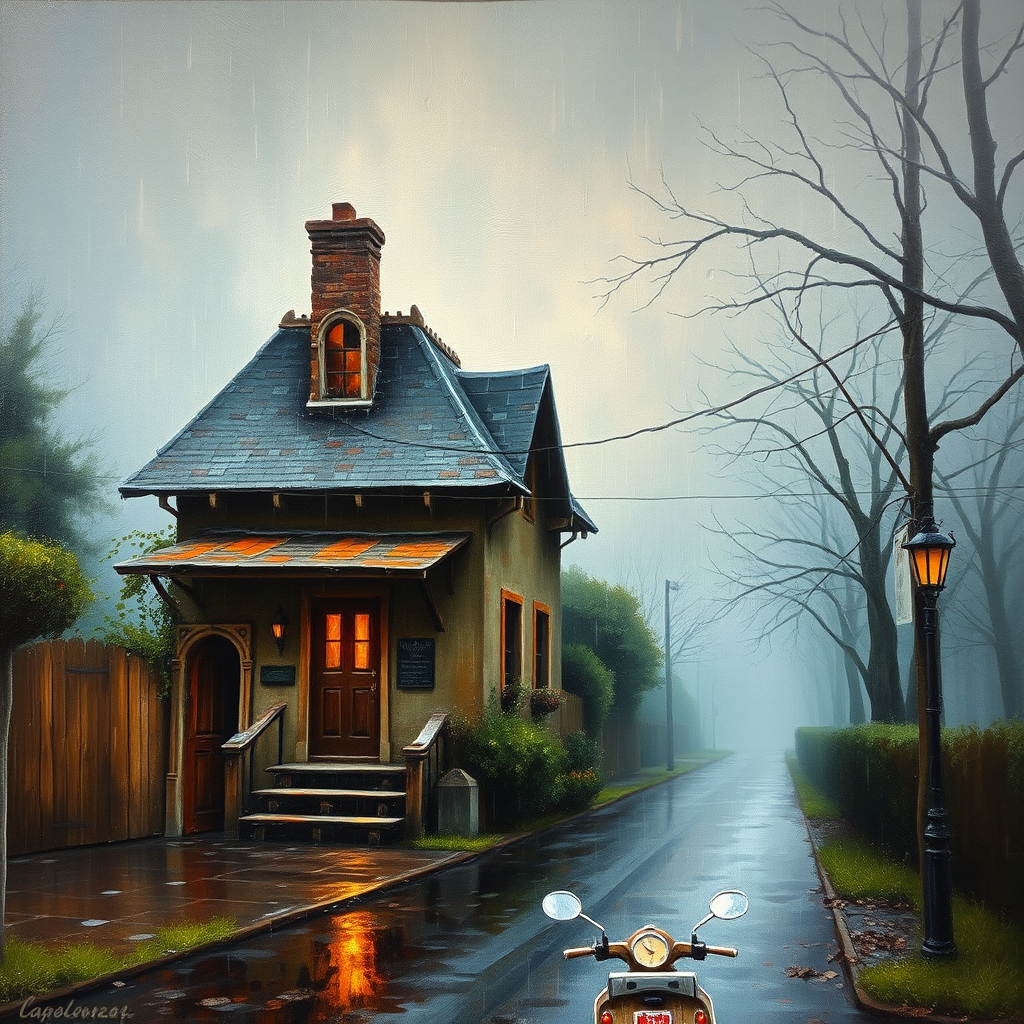 rainy day house painting, fine art painting, fantasy art, 4K, 3D, HDRi, detailed oil painting, high definition art, expressive rustic oil painting, foggy alley, soft focus