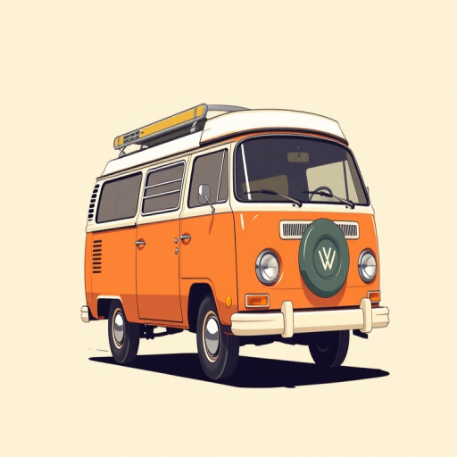 generate a detailed vector-style illustration of a vintage camper van in motion on a minimalist background with a focus on clean lines and smooth gradients use a DSLR camera with a 50mm lens at f/2.8, ISO 100, shutter speed 1/200s, and an angle that captures the van from a slight front and side view to enhance depth and clarity