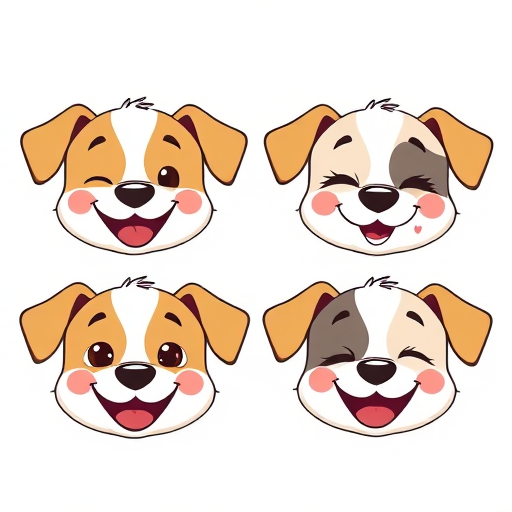 Create a high-resolution digital illustration of four cute cartoon dog faces in a grid format, showcasing different expressions: happy, winking, playful, and giggling, use a Canon EOS R5 camera with a 50mm lens, f/1.8 aperture, ISO 100, and natural soft lighting for vibrant colors and sharp details.