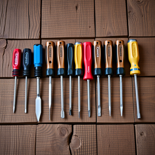 Create a high-resolution image of a line-up of various screwdrivers arranged horizontally on a rustic wooden surface, using a Canon EOS R6 with a 50mm f/1.8 lens, aperture set to f/4 for moderate depth of field, ISO 100 for minimal noise, and a soft natural light source to enhance textures.