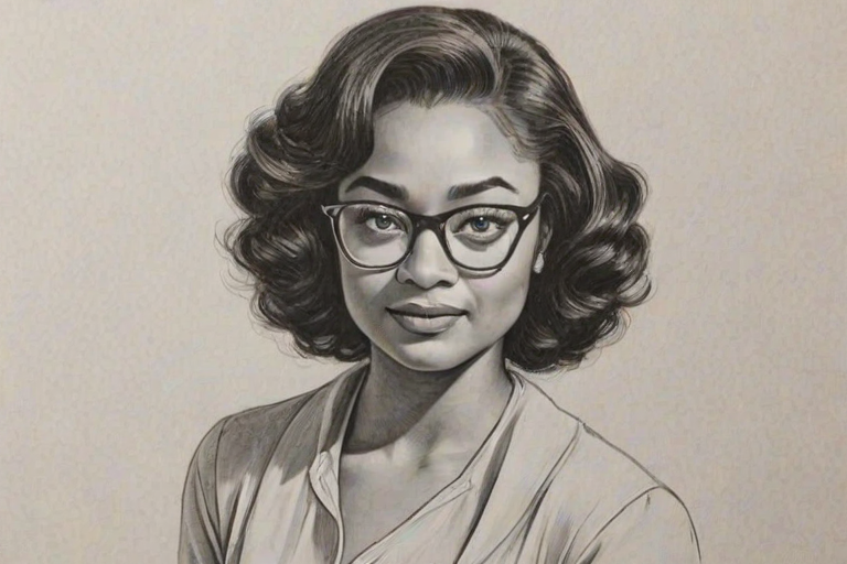 Enticing Tatyana Ali, pencil sketch, portrait of Bewitching woman 1947s in glasses, hair style beatnik, outline, clear lines, fine lines, 8k
