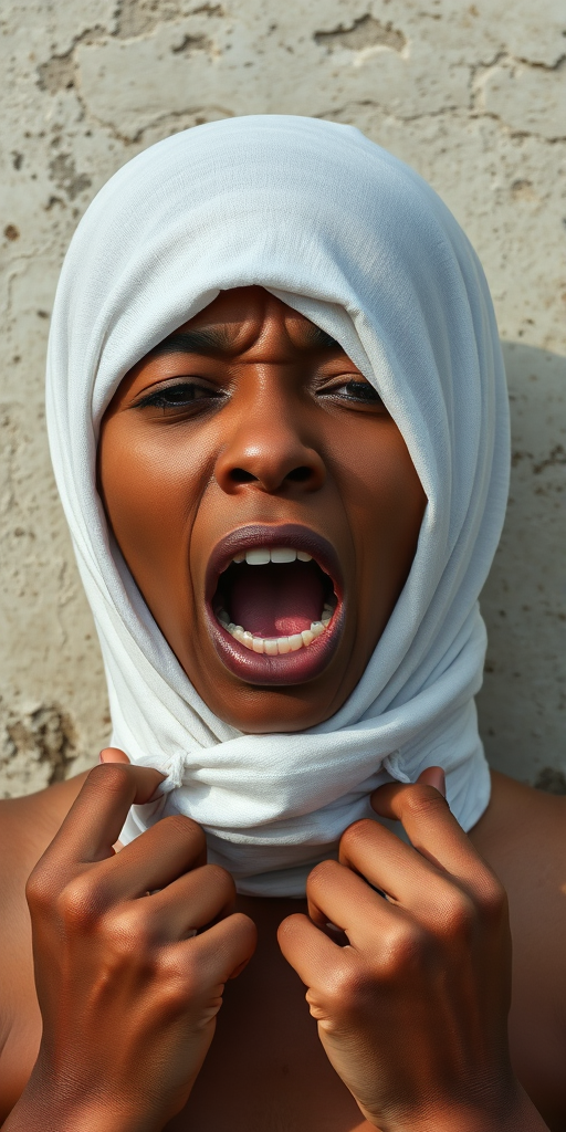Create a close-up photographic image of a Cape Verdean woman with light skin tones shown against an old, worn wall. Their head is wrapped in a white cloth covering (i.e.... parts of the head except the nose and mouth, which are open as if they are screaming...), with a slight texture and visible folds in the fabric. Thin strands of blonde hair escape from the wrapping above, falling lightly at the top and sides. Their hands hold the fabric as if they are tugging nervously. The lighting is dramatic and even, casting strong shadows. The image has a minimalist and surreal style with an emphasis on simplicity with soft color tones. The composition is centered.