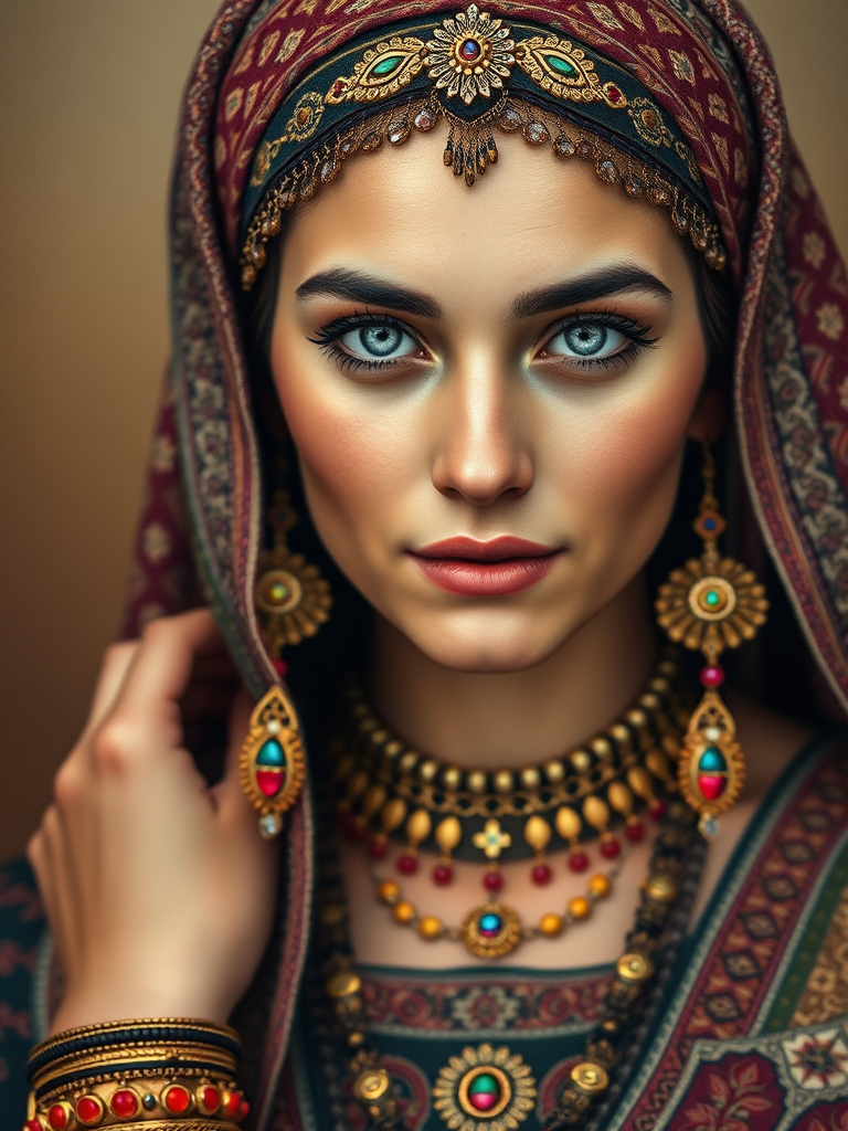 Create a portrait of a beautiful Assyrian woman with striking white eyes and a gentle expression. She is adorned in traditional attire with intricate patterns, including a richly embroidered headscarf and matching garments. Her jewelry includes a delicate headpiece, dangling earrings, and ornate bracelets, all featuring vibrant gemstones and detailed metalwork. The background is soft and warm, enhancing the rich colors of her outfit and jewelry.